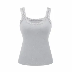 Fashionable grey slim fit camisole for women featuring lace trim and built-in chest pads