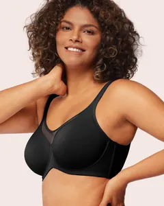 Detail of black wired unlined minimizer bra with mesh center gore for full coverage.