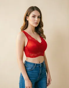 Close-up detail of a comfortable red lace wireless push-up bra vest worn by a model