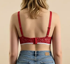 Back view of elegant red lace bra with adjustable straps for seamless support.