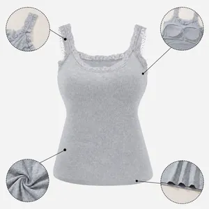Grey women's camisole with delicate lace trim and built-in chest pads for slim fit look