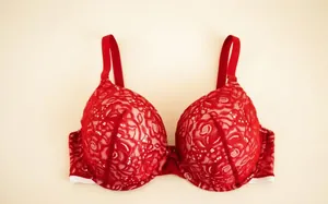 Detailed view of a luxurious red lace push-up bra with floral patterns on a cream background.