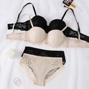Elegant floral lace bra and panty set with push-up design in black and beige colors