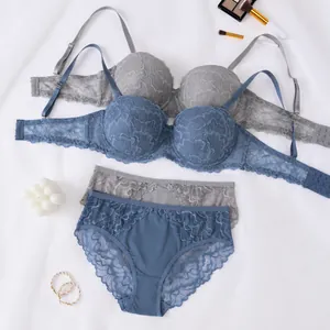 Elegant floral lace push-up bra and panty set in blue and gray colors on white surface