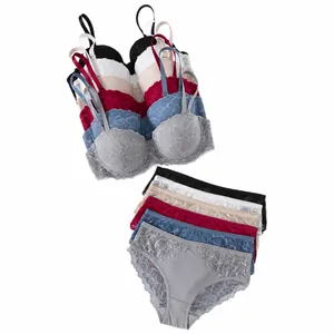 Lace lingerie set with gathered push-up bra and matching panties in multiple colors