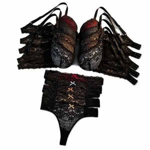 Elegant black floral lace push-up lingerie set for women featuring a multi-strap sexy design