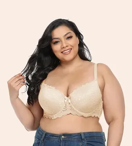 Detail shot of a beige lace underwired plus-size bra with delicate floral patterns.