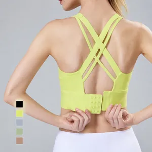Women High Elastic Cross Back Sports Bra Seamless Padded Yoga Top With Adjustable Back Buckle Gym Workout Clothing Top