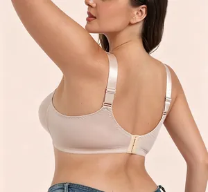 Detailed back view of a beige plus size minimizer bra featuring wide adjustable straps