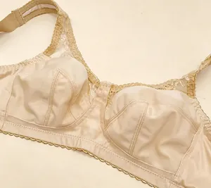 Detailed macro view of thin nude lace minimizer bra with wide straps for plus size comfort