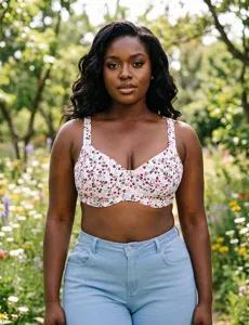 Macro view of floral print bra detailing the intricate pattern and thin cotton fabric