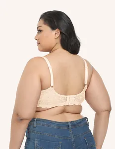 Back view detail of a beige lace plus size underwired bra with adjustable straps