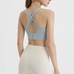 High elastic cross-back sports bra for women, seamless light blue yoga vest for workout.