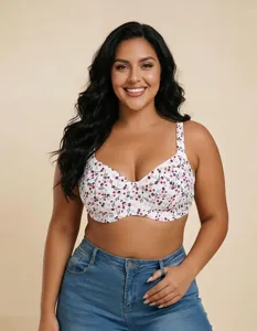 Detailed macro view of a floral print ultra-thin underwire bra for full-figure women