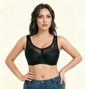 Detailed front view of a black floral lace plus size bra featuring wide straps