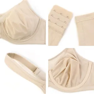 Wired unlined minimizer bra for full coverage, featuring details of cups and straps
