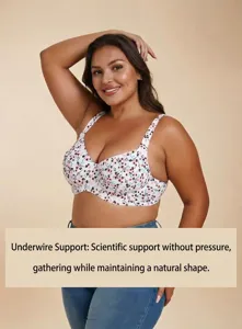 Macro detail of plus size floral print underwire bra showing comfortable supportive fit