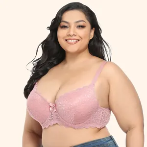 Elegant pink lace plus size full cup bra with underwire for maximum support and shaping