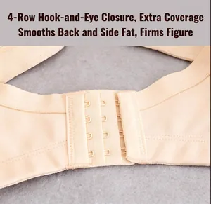 Close-up view of the functional four-row hook-and-eye closure on a beige plus size bra