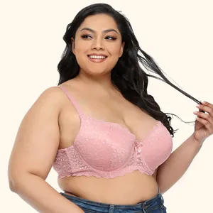 Detailed view of a pink floral lace plus size underwired full cup bra for women