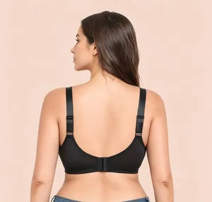 Detailed back view of a black ultra-thin minimizer bra featuring wide adjustable comfort straps