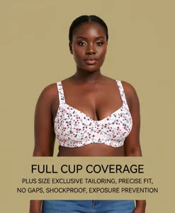 Full coverage plus size floral print bra with underwire on a professional model