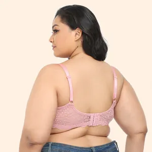 Detail view showing the lace back band and adjustable straps of a pink plus size bra