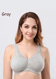 Front view of grey lace trim full coverage bra specifically designed for large cup sizes