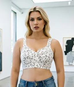 Detailed view of white floral print plus size wireless bra with comfortable wide straps