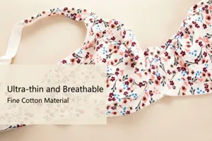 Detailed macro view of breathable floral print cotton bra with underwire support