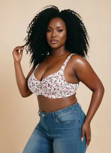 Close-up detail of the floral print on a thin plus-size minimizing underwire bra