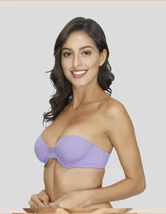 Detailed side view of a seamless purple strapless push-up bra worn by a female model.