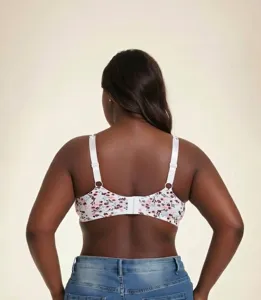 Back view of a plus-size floral print bra with adjustable straps