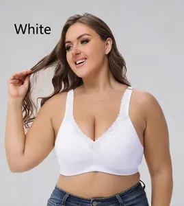 Detail of a white breathable full-cup lace bra for plus size women, G cup comfort style