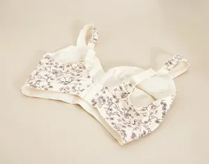 Detailed macro view of wireless plus size bra showing inner lining and floral print pattern