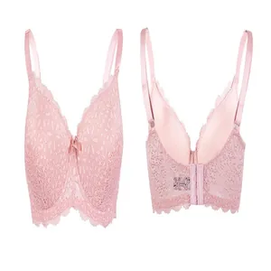 Close-up front and back view of a pink lace plus size bra with adjustable straps