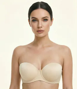 Professional model wearing a beige strapless bandeau bra for wedding and daily wear.
