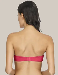Detailed back view of a supportive red strapless push-up bra with hook-and-eye closure