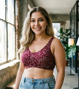 Detailed view of the burgundy floral print on a comfortable plus size wireless bra