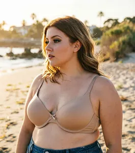 Detailansicht eines hautfarbenen nahtlosen T-Shirt-BHs an einem kurvigen Model am Strand