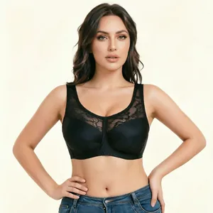 Women Plus Size Ultra Thin Lace Minimizer Bra Sexy Transparent Splicing Wide Straps Full Cup Comfortable Underwear Top