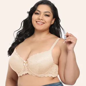Women Plus Size Lace Underwired Bra Full Cup Push Up Adjustment Breathable Floral Lingerie Minimizer Top Support