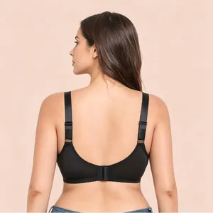 Full coverage black plus size bra with wide straps seen from the back on a model