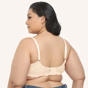 Lace plus size underwired bra with full cup minimizer effect showing back design