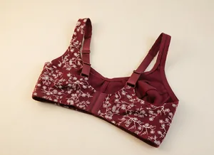 Back view detail of maroon floral wireless bra with wide straps for plus size comfort