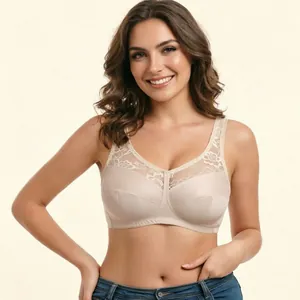 Elegant beige lace plus size bra with wide straps for maximum comfort and support