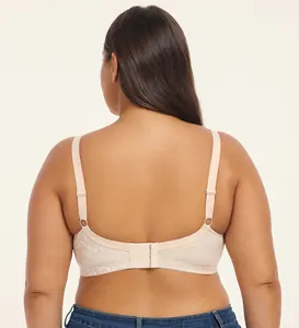 Detailed back view of a plus size beige lace minimizer bra with adjustable straps