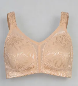 Detail of a beige wireless plus size bra with floral jacquard lace and scalloped trim.