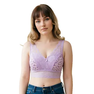 Französischer kabelloser lila Spitzen-BH mit Blumenmuster für Yoga und Alltag