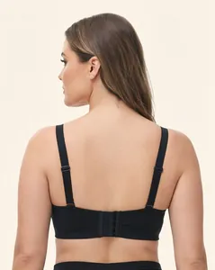 Back view detail of a plus-size wire-free black bra featuring adjustable wide straps